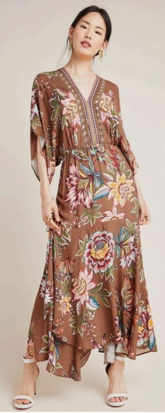 Farm Rio Anthropologie Valentina Maxi Dress Small Floral Brown Boho Forest Beach